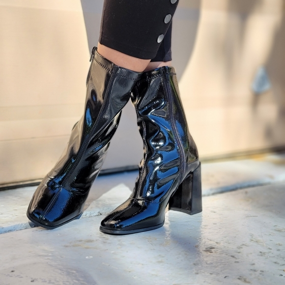 Black PAT High Chunky Heeled Boots Zip Up Square Toe Ankle - Picture 7 of 7